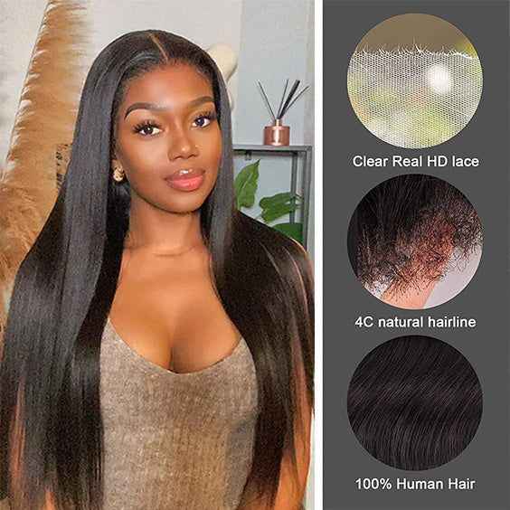 HD  13"×4" Frontal Lace Wigs Virgin Human Hair Pre plucked Natural Hairline Invisible Lace for Straight Hair