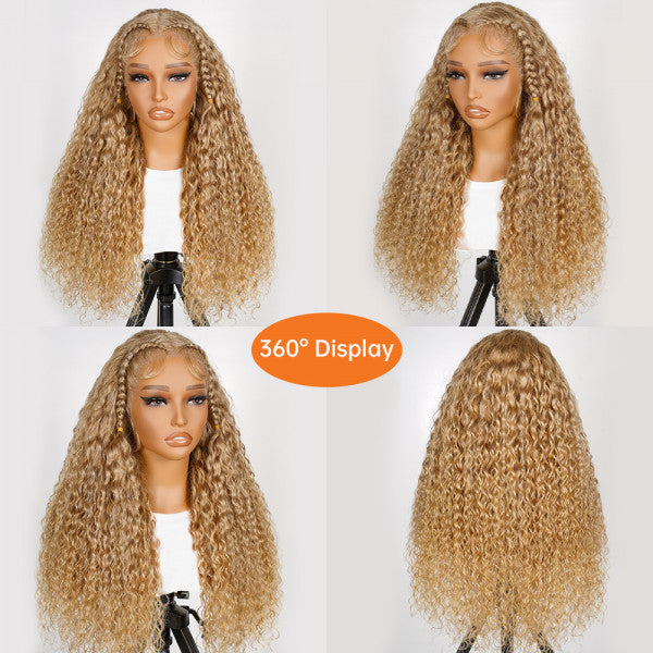 27# Honey Blonde Water Wave Hair Glueless Braided Lace Front Wigs Invisble Lace-Ready & Go Wigs