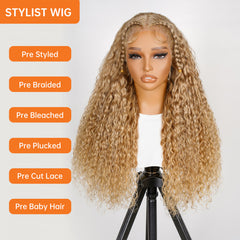 27# Honey Blonde Water Wave Hair Glueless Braided Lace Front Wigs Invisble Lace-Ready & Go Wigs