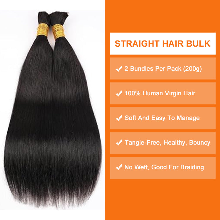 Human Braiding Hair Natural Black Straight Bulk Hair For Micro Braiding No Weft 3Bundles