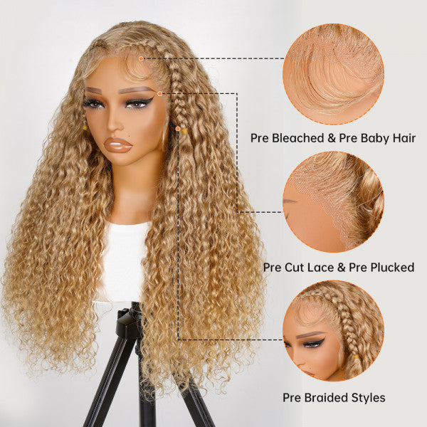 27# Honey Blonde Water Wave Hair Glueless Braided Lace Front Wigs Invisble Lace-Ready & Go Wigs