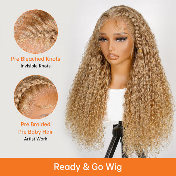 27# Honey Blonde Water Wave Hair Glueless Braided Lace Front Wigs Invisble Lace-Ready & Go Wigs