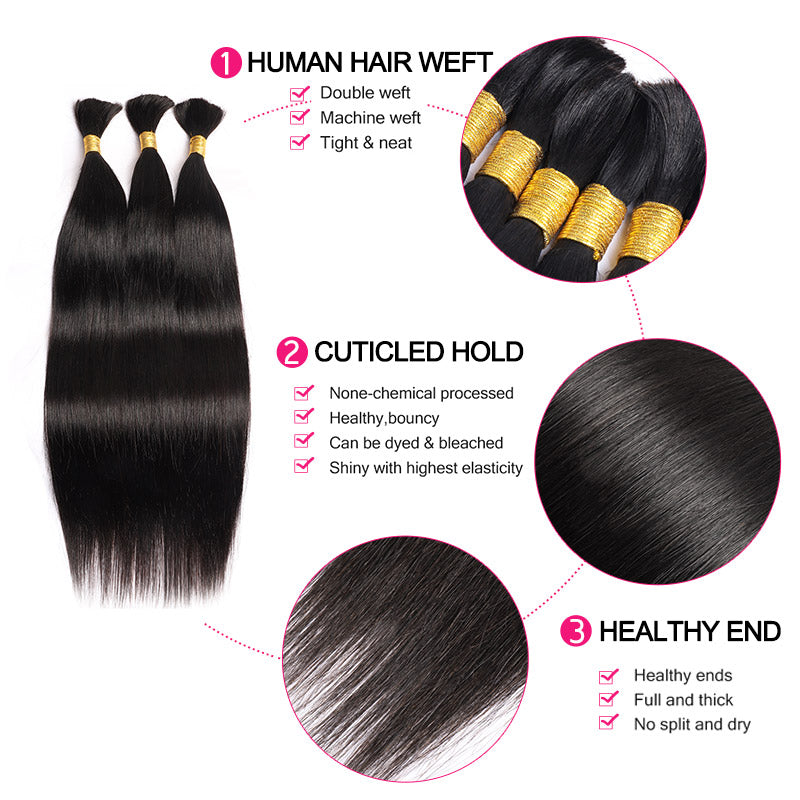 Human Braiding Hair Natural Black Straight Bulk Hair For Micro Braiding No Weft 3Bundles