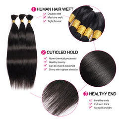 Human Braiding Hair Natural Black Straight Bulk Hair For Micro Braiding No Weft 3Bundles