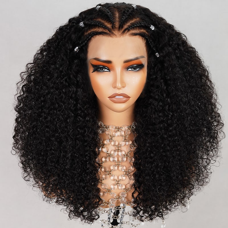 Braided Jerry Curl Hair 13x4 HD Luxury Double Drawn Lace Frontal Wig Long Wigs Real Human Hair Wigs For Women