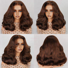 13x4 Luxury Double Drawn Lace Frontal Chestnut Brown Loose Body Wave  Bob Wig For Women