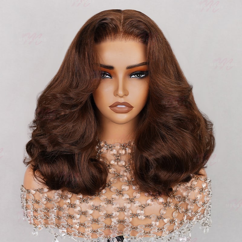 13x4 Luxury Double Drawn Lace Frontal Chestnut Brown Loose Body Wave  Bob Wig For Women