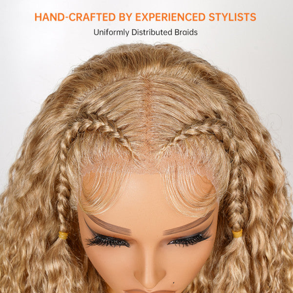 27# Honey Blonde Water Wave Hair Glueless Braided Lace Front Wigs Invisble Lace-Ready & Go Wigs