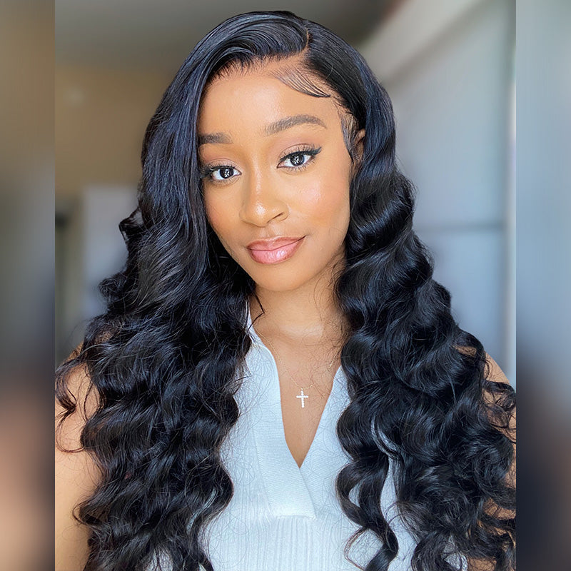 Easy-Wear Glueless 6x5 Pre-Cut Lace Loose Deep Wave Wig With Bleached Knots - Human Hair In Natural Black