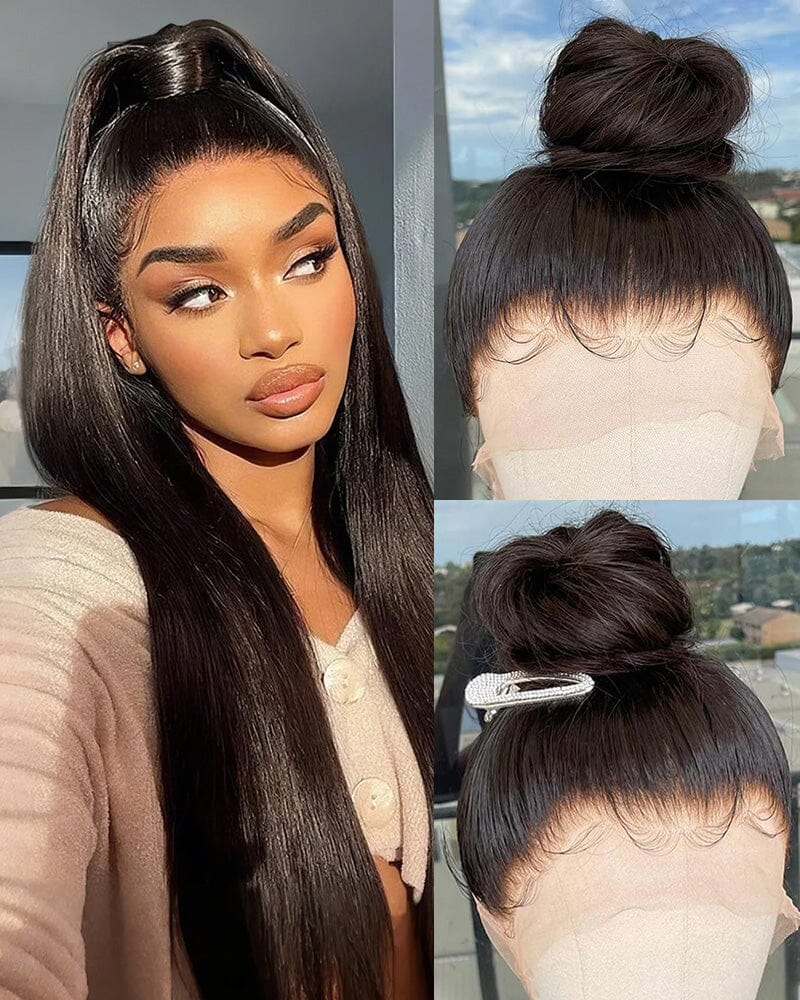 360 Lace Frontal Natural Black Long Straight Wig Free Part Ponytail Style Human Hair Wig